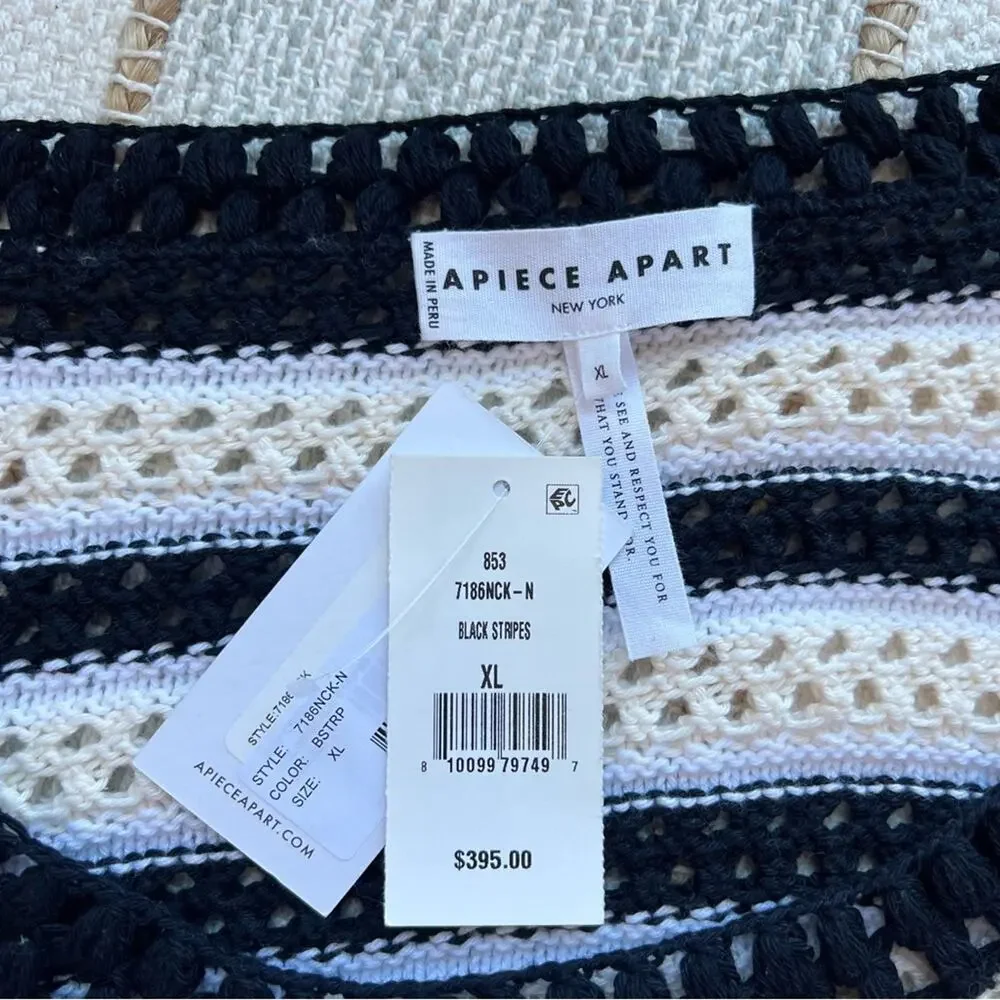 Apiece Apart Black White Striped Open Crochet Knit Slouchy Pullover Sweater XL - Picture 8 of 9